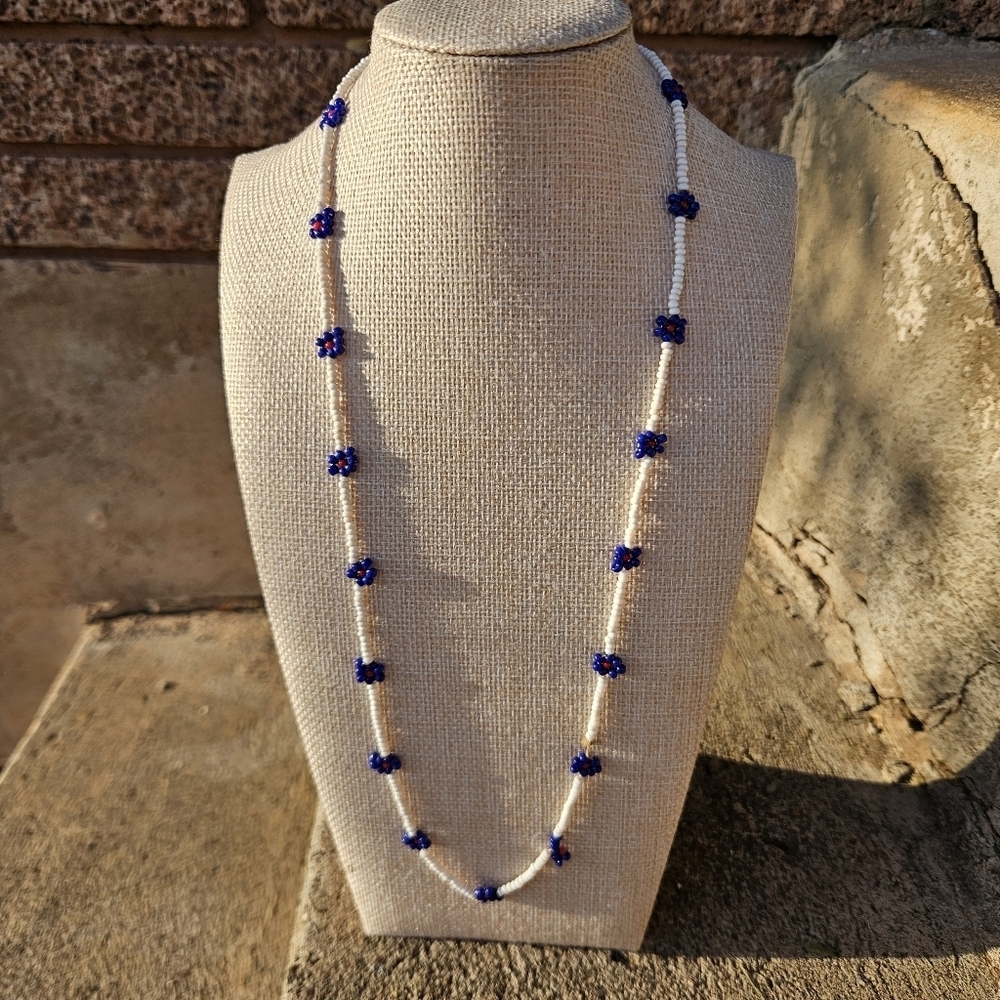 White Seed Beaded Necklace Blue Daisy Flower Native American Jewelry Handmade